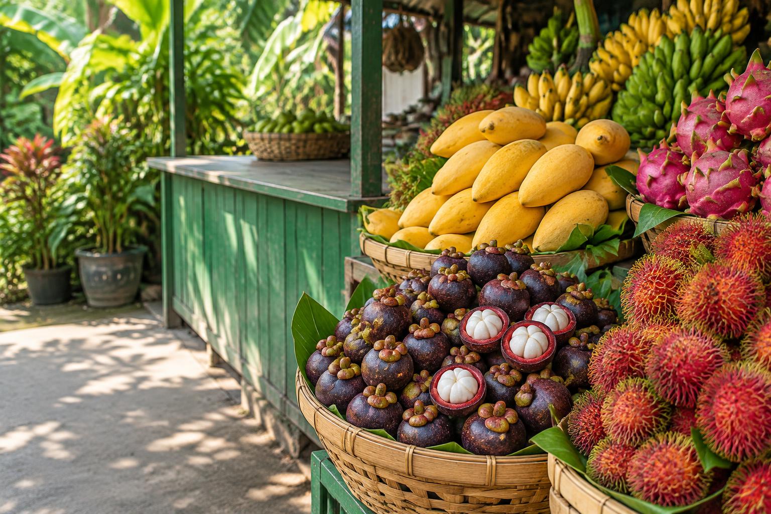 Golden mangoes, mangosteens and rambutans at a Thai fruit stall